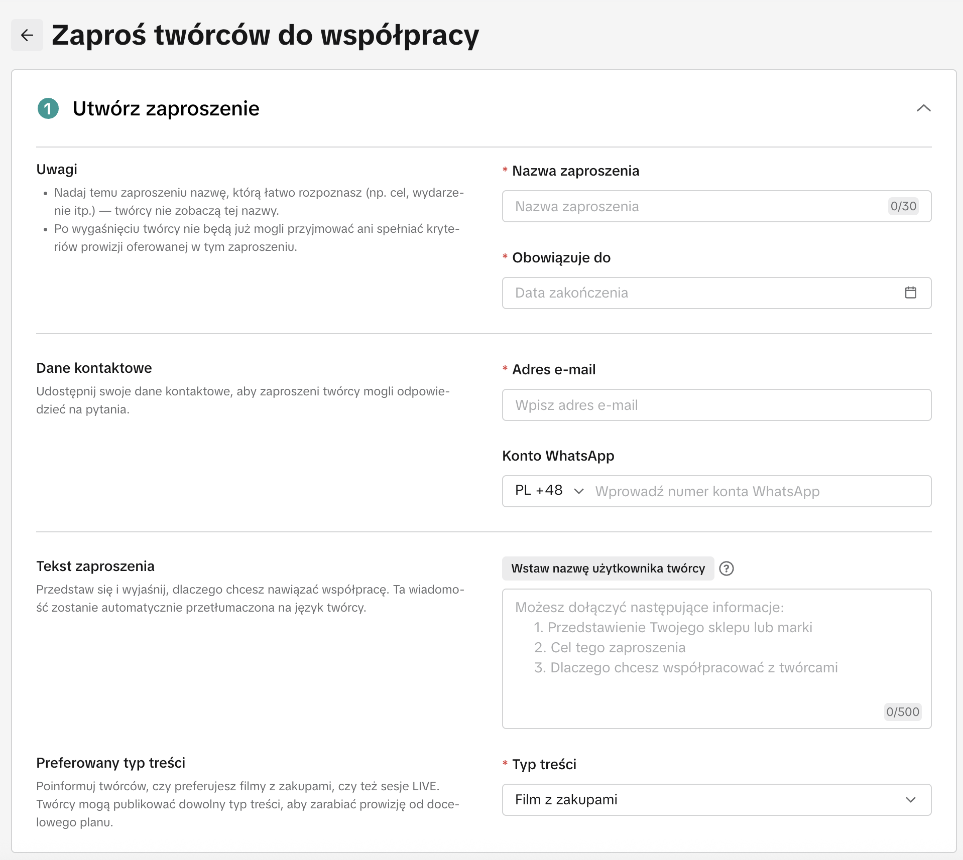 Kreator zaproszenia do współpracy — nazwa, kontakt i tekst zaproszenia