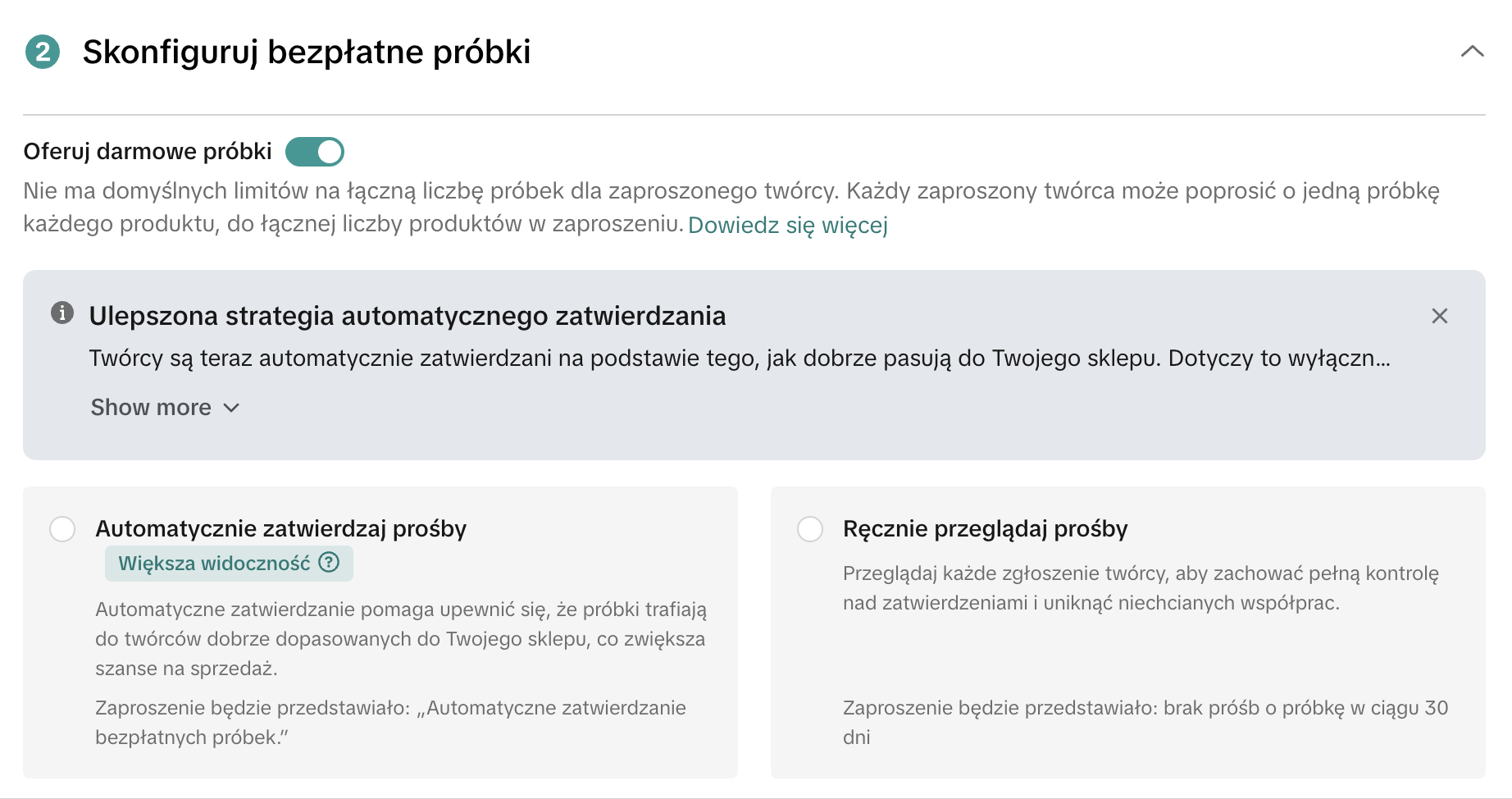 Konfiguracja darmowych próbek dla twórców — automatyczne lub ręczne zatwierdzanie