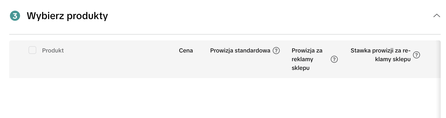 Wybór produktów i stawek prowizji w zaproszeniu — prowizja standardowa i za reklamy sklepu