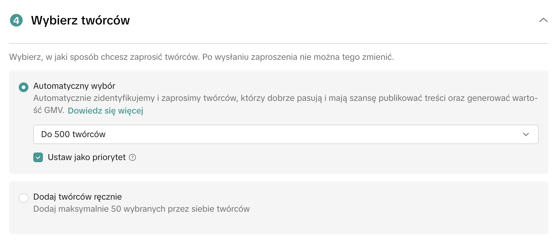 Wybór sposobu zapraszania twórców — automatyczny wybór do 500 lub ręczny do 50