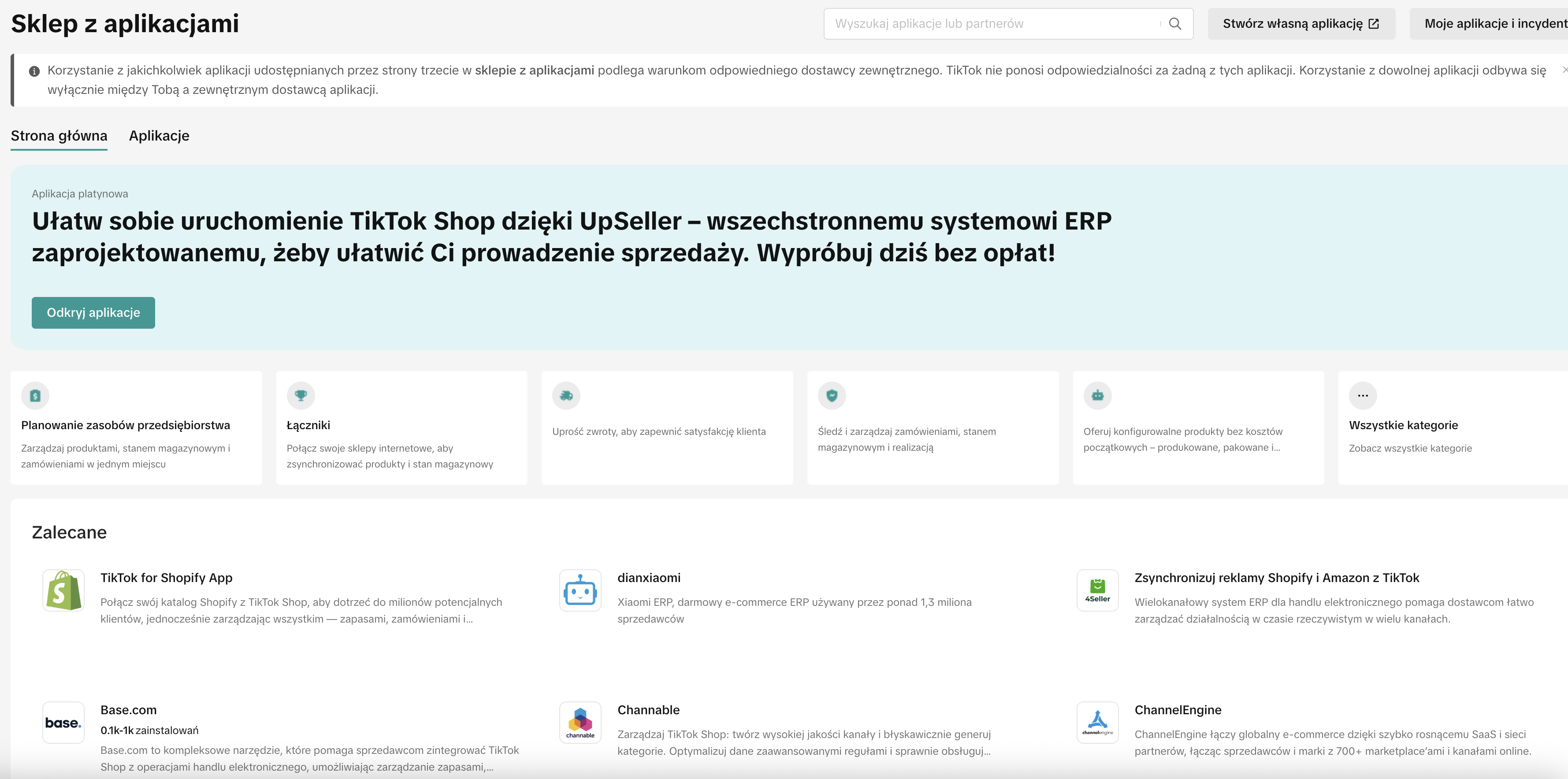 Sklep z aplikacjami w Centrum sprzedawców TikTok Shop