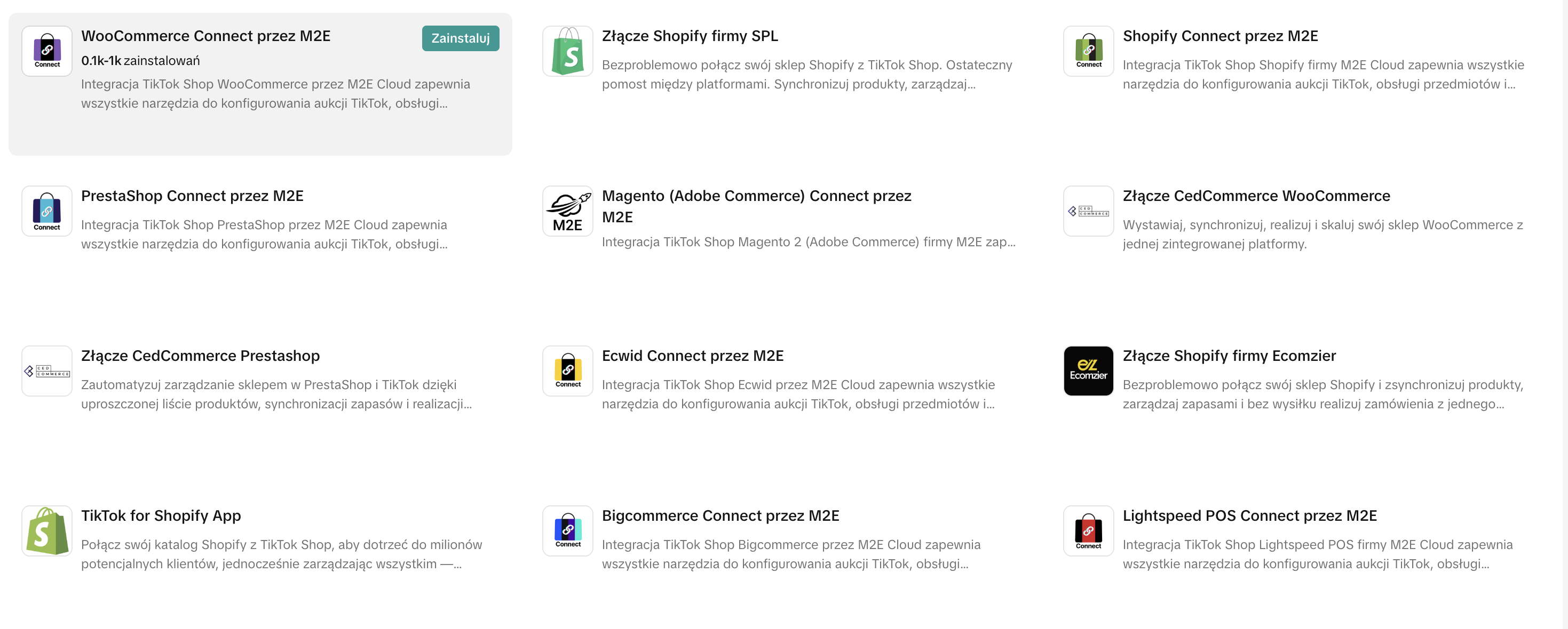 Lista aplikacji M2E w sklepie TikTok Shop, w tym WooCommerce Connect