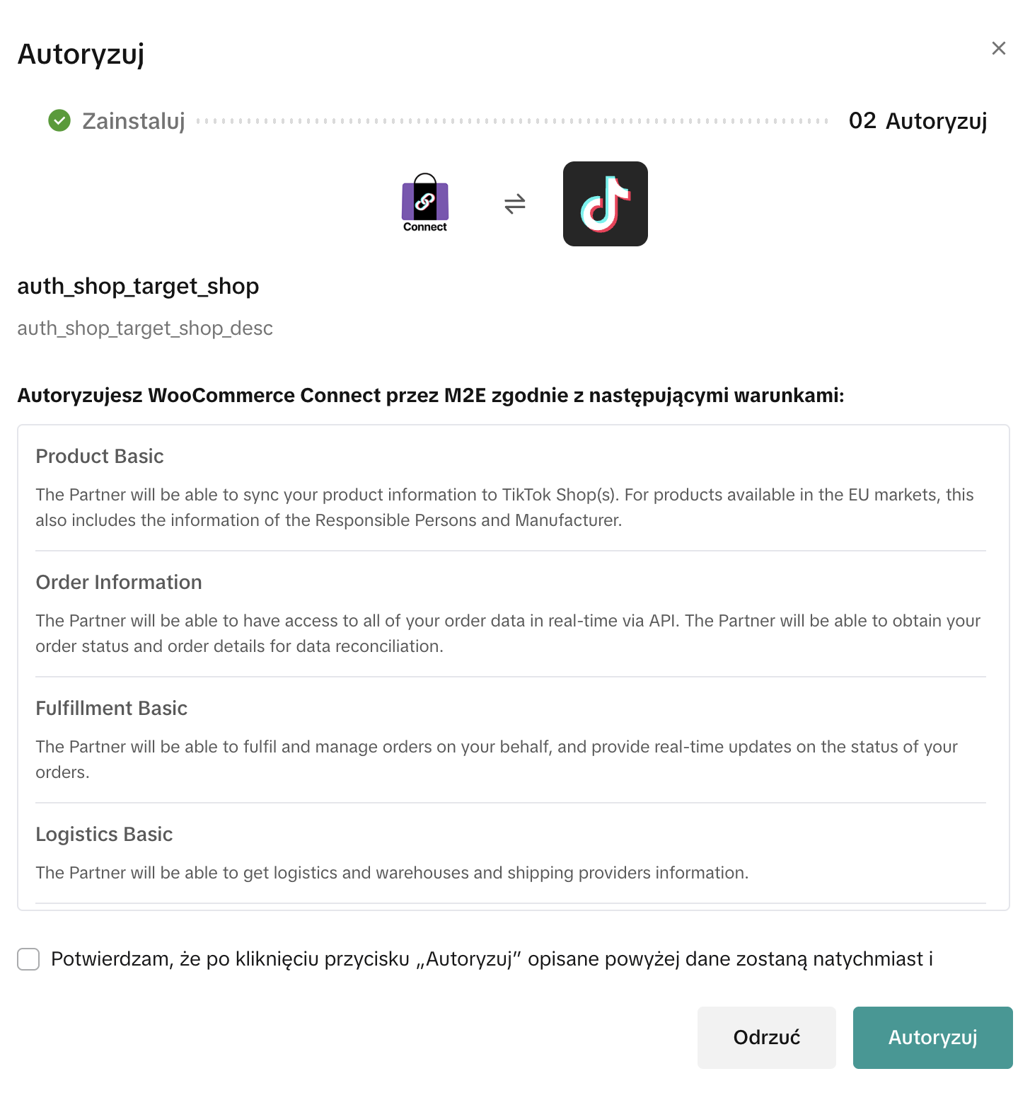 Ekran autoryzacji uprawnień WooCommerce Connect przez M2E