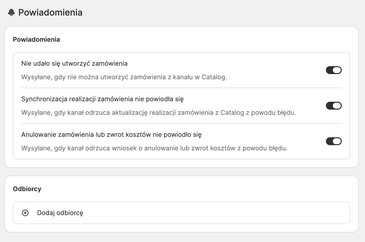 Panel M2E Cloud — powiadomienia o błędach synchronizacji i zamówień
