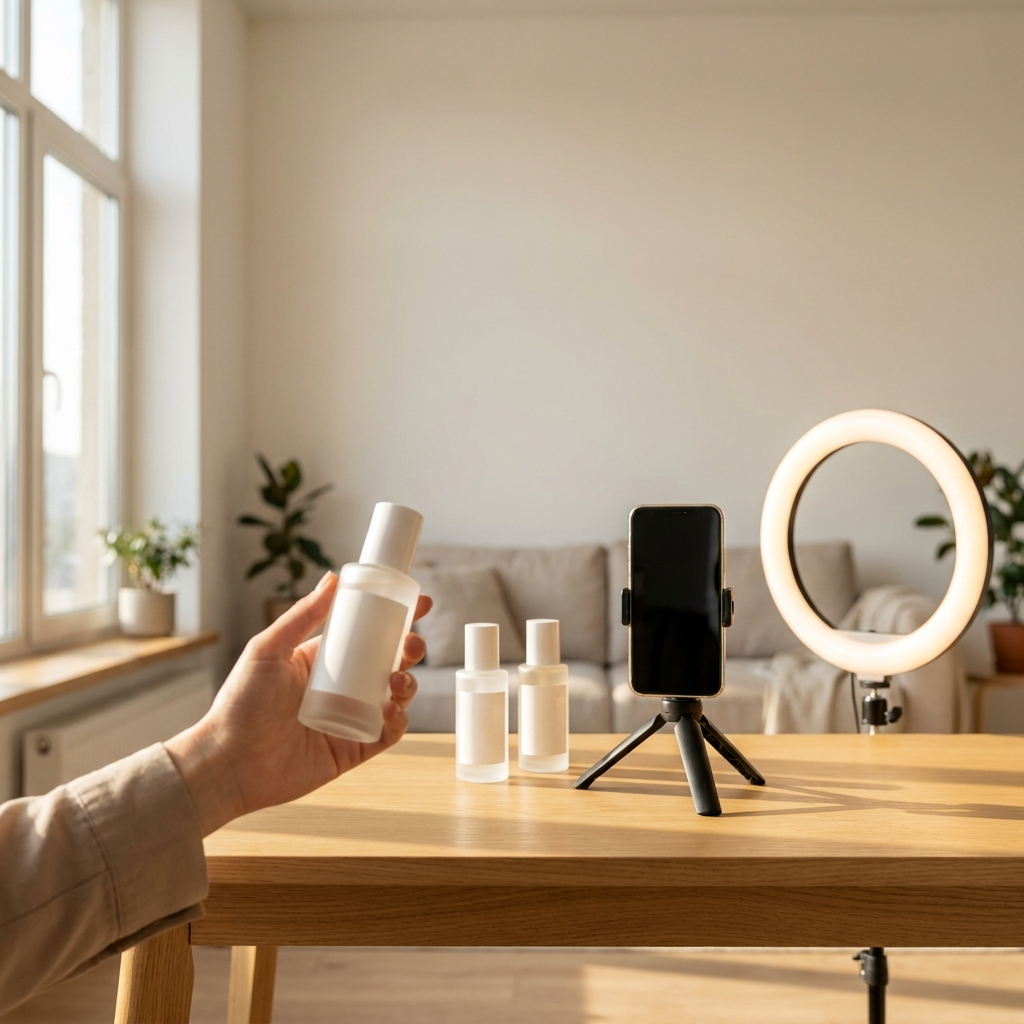 Studio do transmisji TikTok LIVE Shopping z ring lightem i smartfonem na statywie